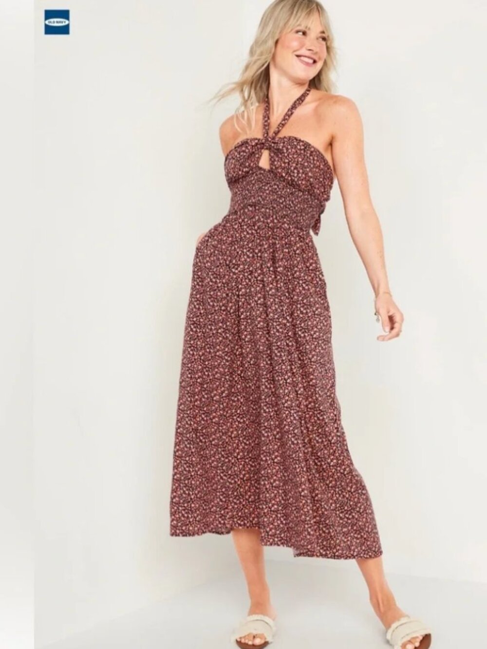 Old Navy Fit & Flare Halter Floral Maxi Dress Pockets 3X EUC
